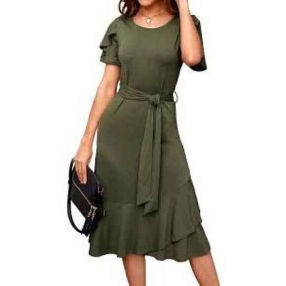 Calvin Klein Women's 6 Ruffle Hem Wrap Dress Solid Olive Green Flounce Cocktial - Picture 3 of 12